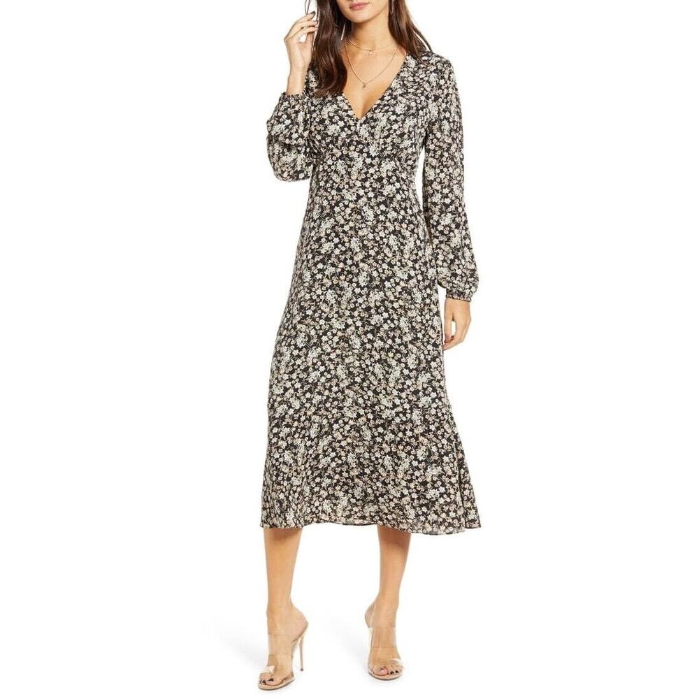 All in Favor Dress Floral Midi Dress Long Sleeve Scoop V-Neck Lined Cottage NWT